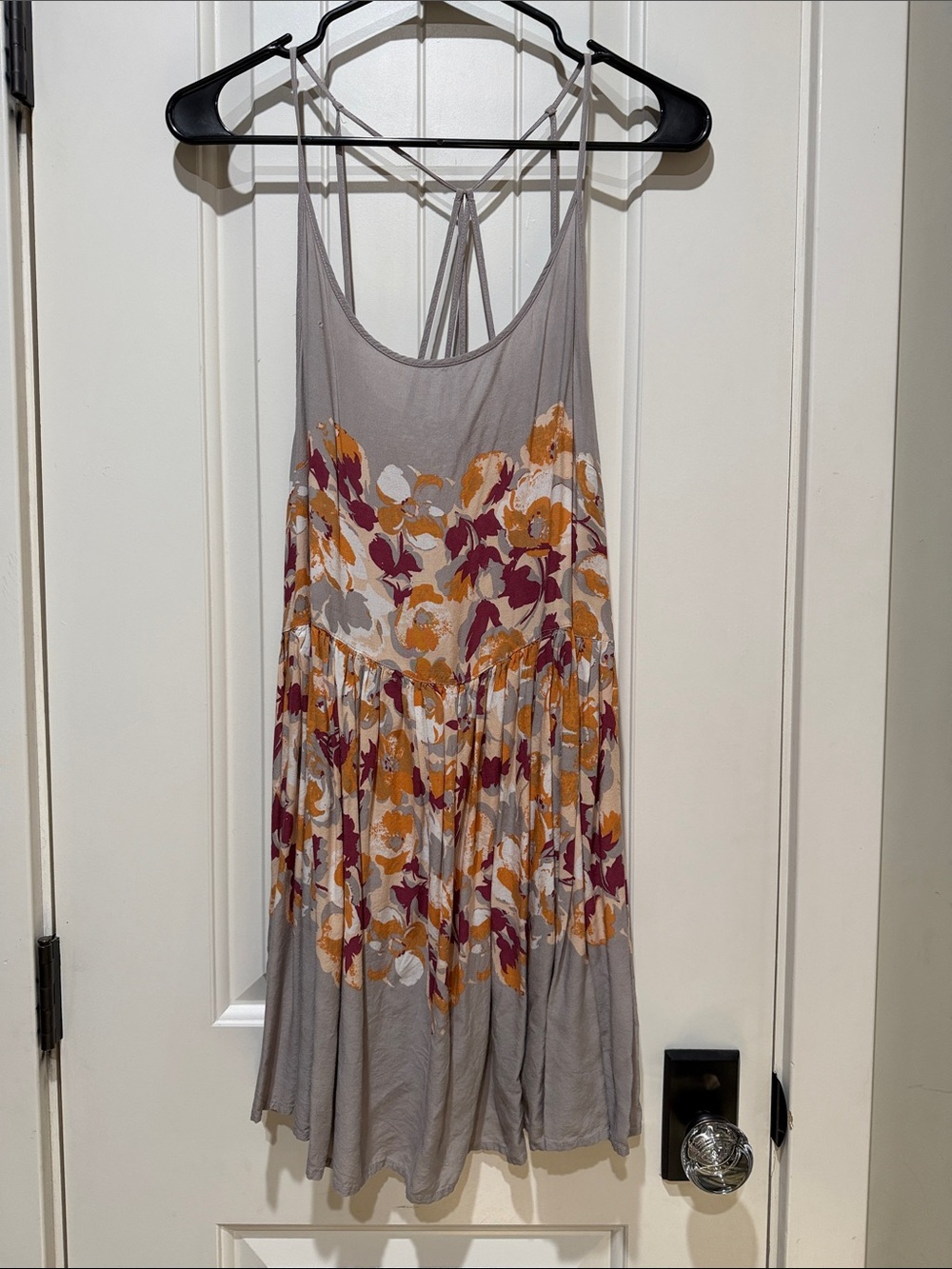 Free People Floral Tiered Spaghetti-Strap Dress in Taupe with Mustard & Burgundy